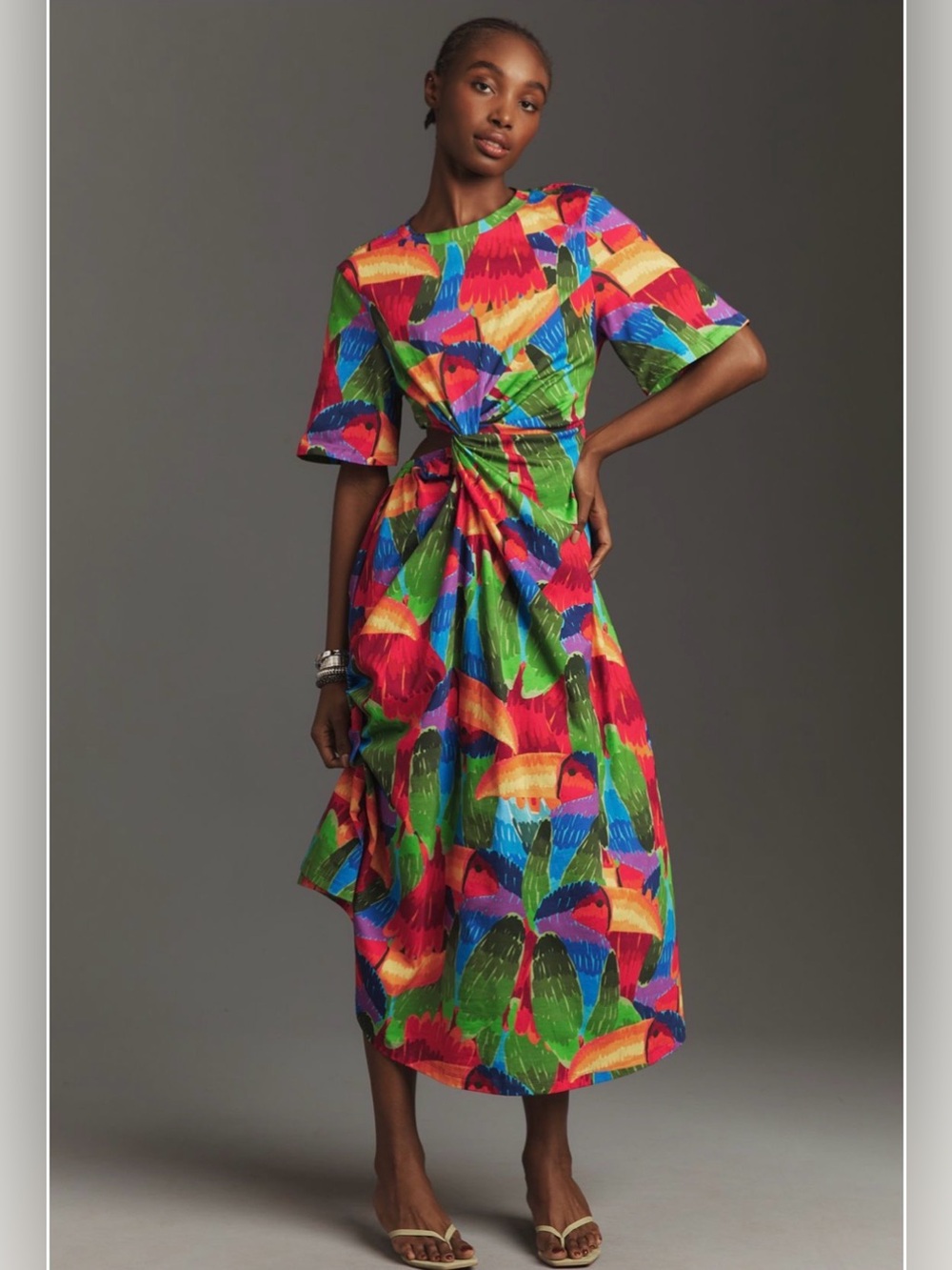 Farm Rio Short Sleeve‎ Cutout Midi Dress Medium Toucan Bird Print